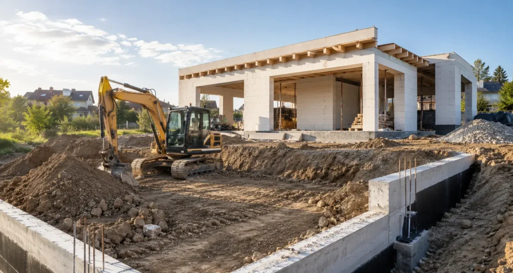 Výkopové práce a úprava terénu u moderního rodinného domu
